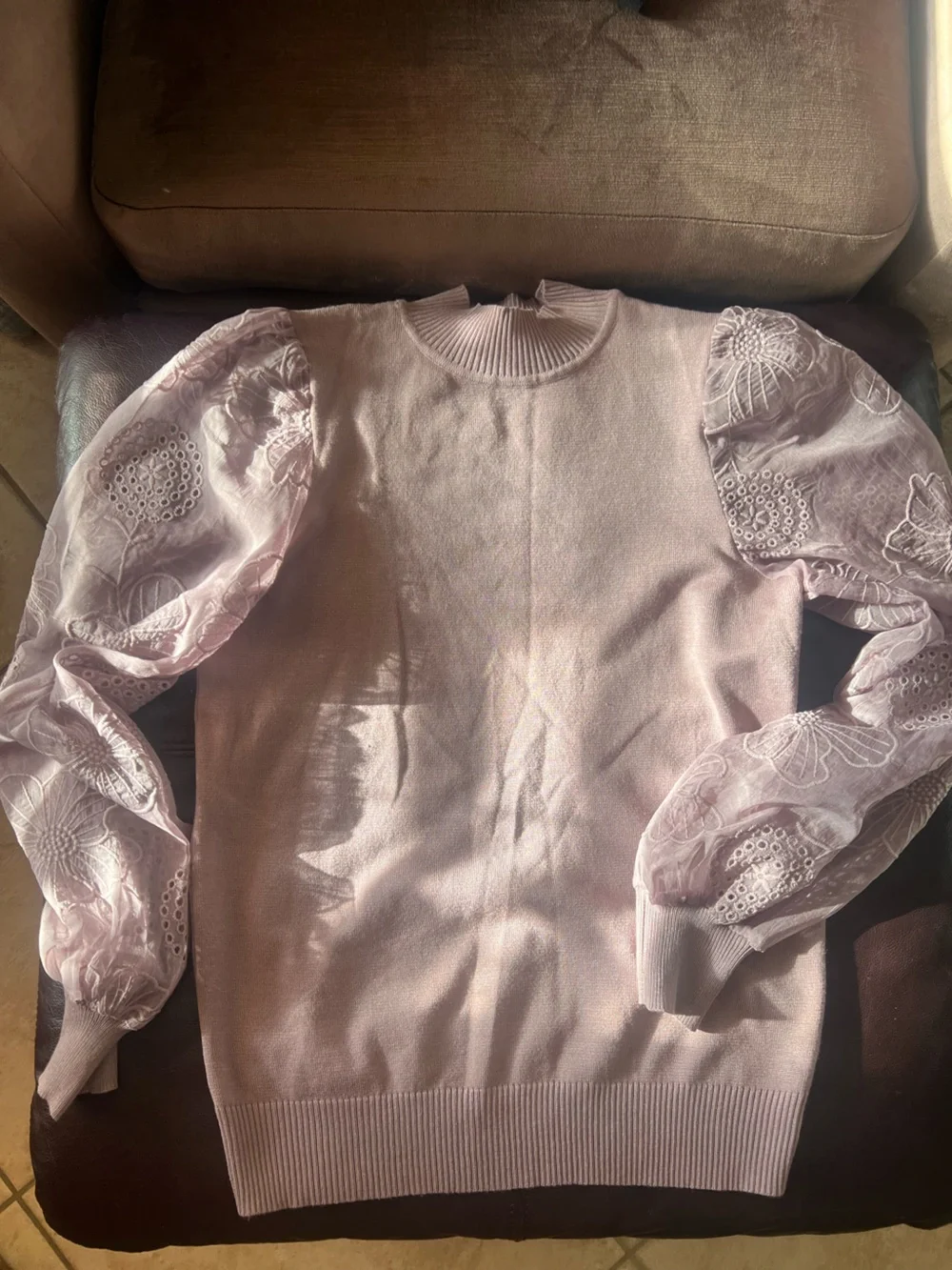 Absolutely Famous Light Pink Knit Top with Embroidered Puff Sleeves